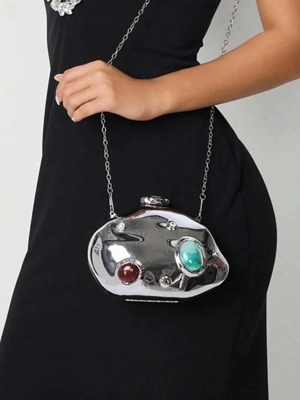 Silver Glamorous Women's Evening Clutch Crossbody Bag with Stone Inlay